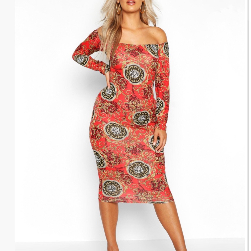 Boohoo Plus Bardot Chain Print Long Sleeve Midi Dress